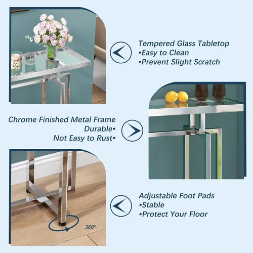 Miniatura 3 de ASYA Mesa consola de cristal para entrada, mesa de entrada moderna con vidrio templado y marco cromado, mesa de sofá plateada para sala de estar
