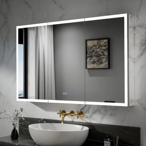 Miniatura 15 de ExBrite Botiquín iluminado de 28 x 32 pulgadas, armario con espejo LED empotrado/superficie con reloj y pantalla de temperatura, desempañamiento
