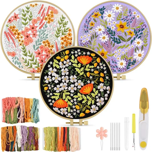 TINDTOP Kit de bordado para adulto, paquete de 3 piezas de bordado para bricolaje, con patrones estampados, aro, herramientas, hilos coloridos con