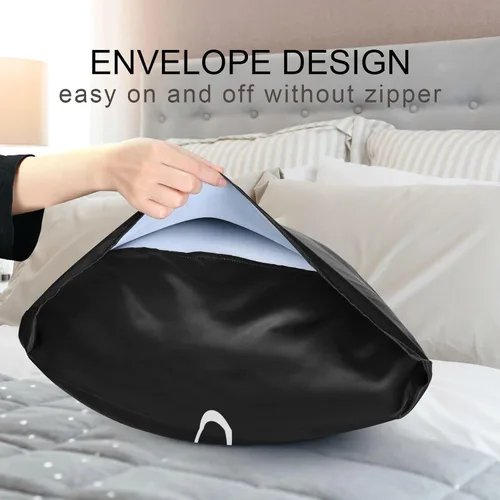 Miniatura 7 de Fundas de almohada negras personalizadas de seda con cierre de sobre, funda de almohada de satén tamaño estándar para personas que duermen