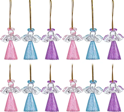 12 adornos de ángel dorado de cristal, ángeles de la guarda, adornos para árbol de Navidad de 2.1 pulgadas, colorido mini ángel colgante hilado para