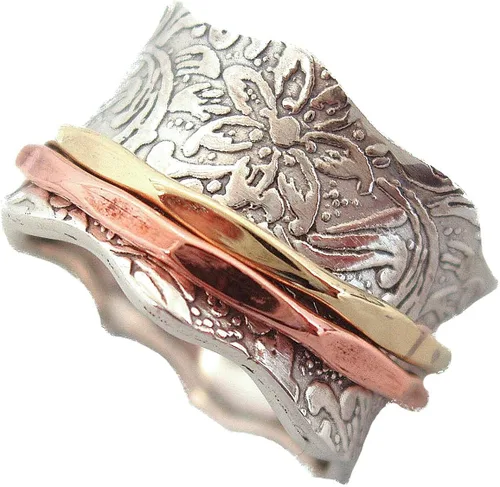 ENERGY STONE Anillo antiestrés de plata de ley 925 Anillo giratorio para mujer Equilibrio y belleza Belleza exquisita romántica Patrón floral