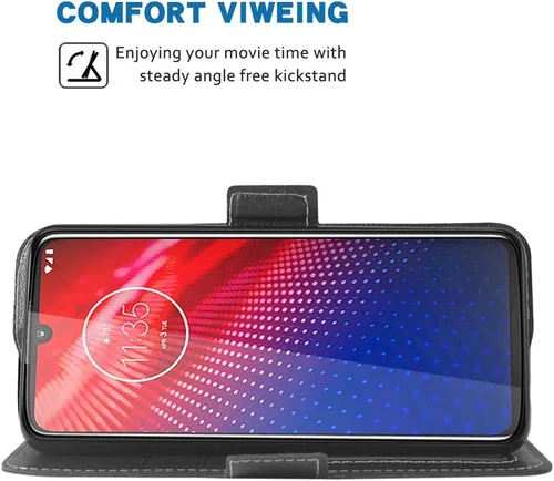 Miniatura 2 de Funda para teléfono Moto Z4 Folio Flip Funda tipo cartera, de piel sintética, ranuras para tarjetas de crédito, protección de cuerpo completo, Negro