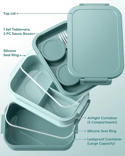 Miniatura 2 de Caja Bento para Adultos con Bolsa de Almuerzo Aislada, Capacidad de 74 oz, 3 Cajas Bento Apilables a Prueba de Fugas con Utensilio y Salsa Verde