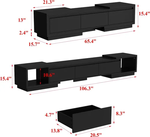 Miniatura 6 de Mesa Consola de TV Extensible Moderna Gabinete de TV con Cajones, Mesa Consola de Almacenamiento de Medios Contemporánea para Sala de Estar Negro