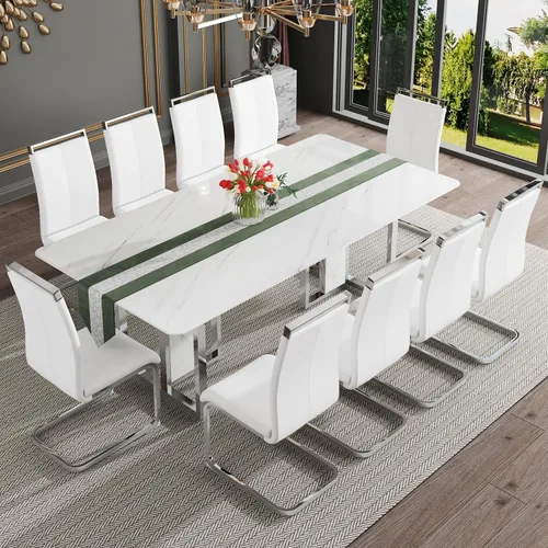 Miniatura 16 de Juego de mesa de comedor moderno de 67 pulgadas para 6, juego de mesa de cocina blanca, juego de mesa de comedor de lujo con mesa de mármol