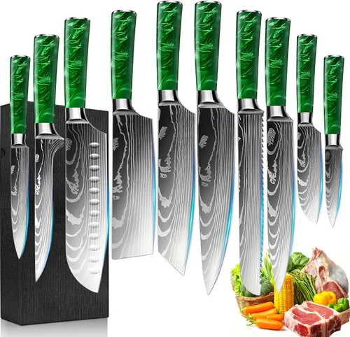 Miniatura 15 de Juego de 10 cuchillos de cocina japoneses de alta calidad, colección Imperial, patrón láser de damasco, acero inoxidable 440A ultra afilado