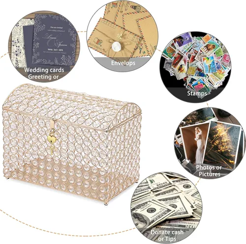 Miniatura 7 de ELLDOO Caja de tarjetas de boda de cristal con cierre de corazón, 12.6 x 6.3 x 9.4 pulgadas, caja de tarjetas de dinero estilo cofre del tesoro