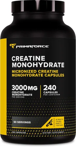 Primaforce Cápsulas de monohidrato de creatina, 240 cápsulas, 3,000 mg por porción, sin gluten y sin OMG