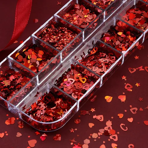 Miniatura 4 de 12 rejillas de San Valentín 3D corazón purpurina uñas lentejuelas corazón rojo purpurina copos corazones arte de uñas con purpurina brillantes