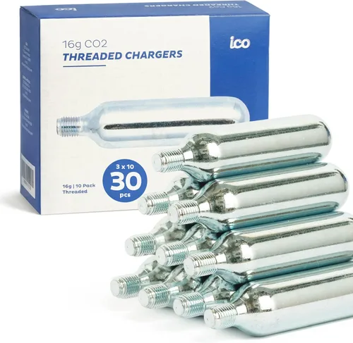ICO - Cartuchos de CO2 de 0.56 oz (paquete de 30), de mano, acero aleado, grado alimenticio, 100 psi, automático, a prueba de fugas, garantía de dos
