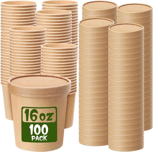 Miniatura 7 de Fulmoon Paquete de 100 recipientes de papel para sopa con tapas, recipientes de papel desechables para alimentos con tapa ventilada, tazas de postre