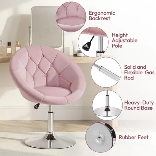 Miniatura 7 de Yaheetech - Silla de tocador para sala de estar, de terciopelo, con respaldo redondo y tapizado, giratoria, con estructura de cromo, altura Rosa