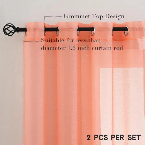 Miniatura 2 de 2 paneles de cortinas traslúcidas coral para dormitorio de 63 pulgadas de largo, cortinas semitraslúcidas con ojales para sala de estar, cortinas