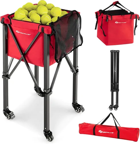 Goplus Tolva plegable para pelotas de tenis, cesta de aluminio ligera con ruedas, bolsa extraíble, bolsillos laterales, bolsa de transporte, carrito