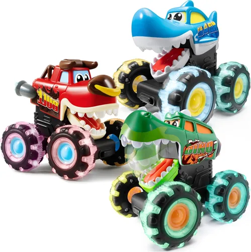 Miniatura 8 de JOYIN Paquete de 3 camiones monstruos de juguete - Coches iluminados activados por movimiento para niños pequeños - Ruedas LED Monster Glow Rover