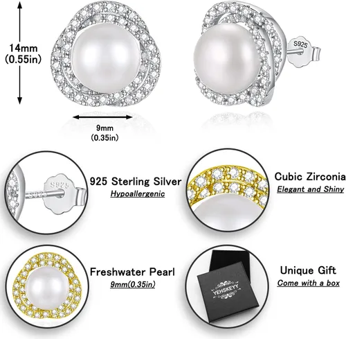 Miniatura 4 de Real Pearl Earrings for Women 925 Sterling Silver Pearl Stud Earrings Freshwater Cultured Pearl Studs with Cubic Zirconia for Girls Mother