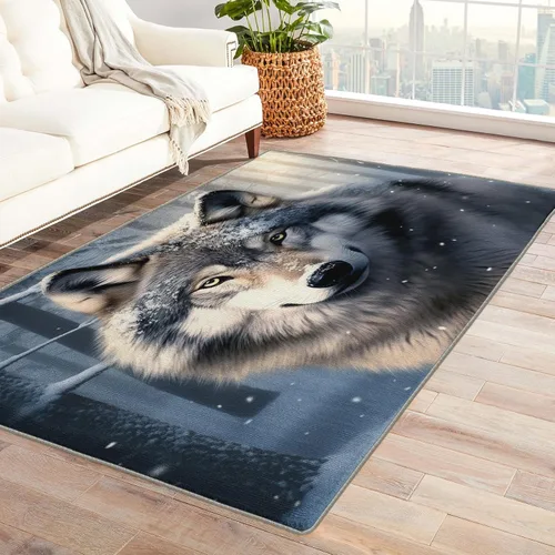Miniatura 10 de Alfombra de lobo y decoración del hogar, alfombra de 5 x 7 pies, alfombras de animales salvajes para sala de estar, dormitorio, alfombra de lobos
