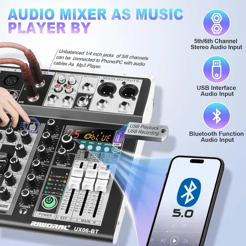 Miniatura 4 de Mezclador de audio profesional Riworal, consola de mezcla de 6 canales, interfaz de sonido, consola de mezcla de DJ, mezclador de audio con efecto