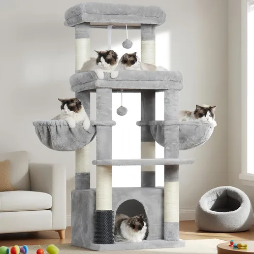 Miniatura 11 de Hey-brother Torre de árbol para gatos, postes rascadores con plataforma y cesta extra grande, condominio especial, 2 hamacas acogedoras, tabla