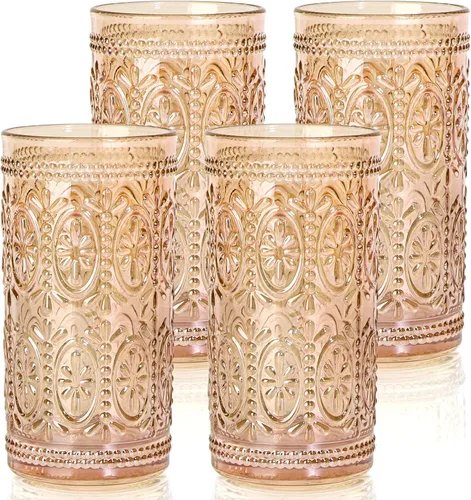 abrwyy Juego de cristalería ámbar de 4 vasos vintage para beber, vasos de vidrio resistentes de 12 oz ámbar, vaso Old Fashioned, juego de vasos