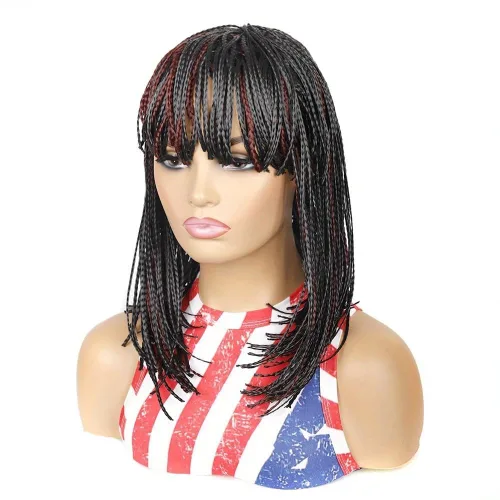 Miniatura 11 de Peluca trenzada de caja sintética corta estilo Bob, peluca trenzada con flequillo, peluca trenzada Cornrow para mujeres negras (12 pulgadas, 1BH30#)