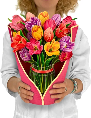 Miniatura 15 de Freshcut Paper Tarjetas Pop Up, Tulipanes Festivos, Ramo de Flores Eternas de Tamaño Real de 12 Pulgadas, Tarjeta de Felicitación Emergente 3D
