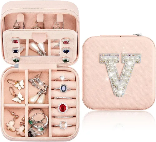 Joyero de viaje con inicial, mini organizador de joyas rosa con espejo, anillo de viaje, aretes, soporte de joyería para mujeres, niñas, mamá,