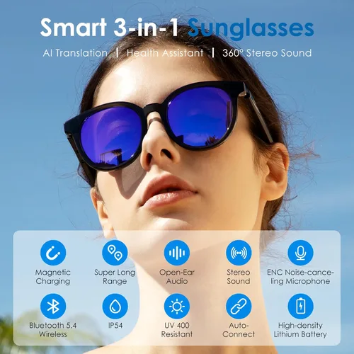 Miniatura 2 de GetD Gafas de sol AI para hombres y mujeres, ajuste de puente bajo, gafas de sol inteligentes alimentadas por ChatGPT con traducción de 74 idiomas