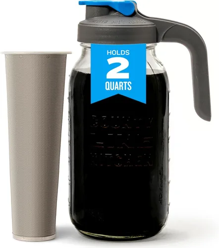 County Line Kitchen Jarra de vidrio para café de infusión fría con tapa - Boca ancha, 2 cuartos (64 oz) - Resistente, a prueba de fugas - Jarra para