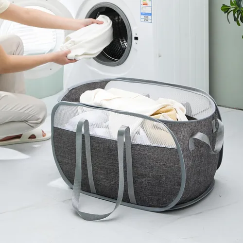 Miniatura 4 de Cesta de lavandería desplegable, de malla, con correas extendidas para los hombros, asas resistentes y tela catiónica de primera calidad (gris)
