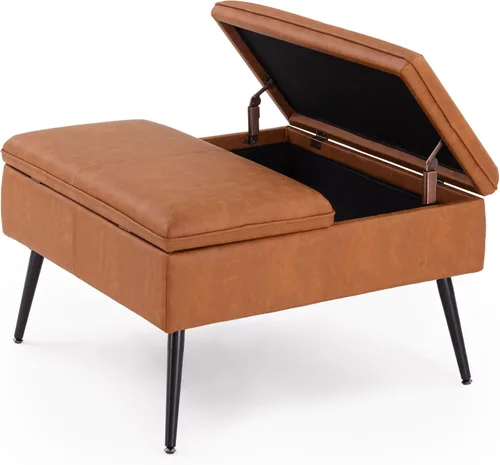 Miniatura 13 de Otomana de Almacenamiento Tapizada con Asiento Acolchado, Taburete de Tocador Capitoné con Patas de Metal, Taburete Decorativo, Cuero Sintético