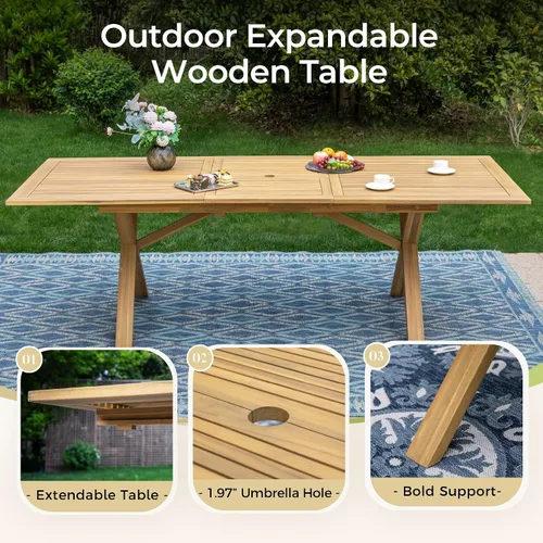 Miniatura 3 de MIXPATIO Juego de comedor de madera de acacia para exteriores, juego de mesa de comedor y sillas de patio de 7 piezas, mesa de comedor expandible