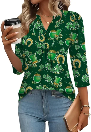 Miniatura 7 de IECCP Blusas de verano de manga 3/4 para mujer, estilo casual, cuello Henley, cuello en V, plisadas, ajuste holgado, blusas de trabajo