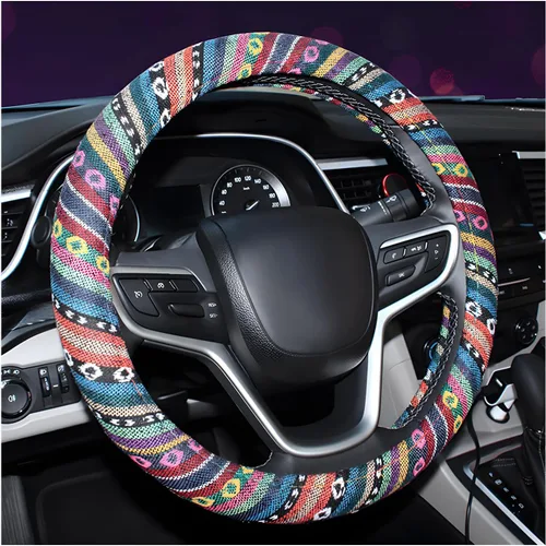 Funda bohemia para volante, tela de lino grueso de 15 pulgadas, estilo étnico, antideslizante, protector universal transpirable para volante de