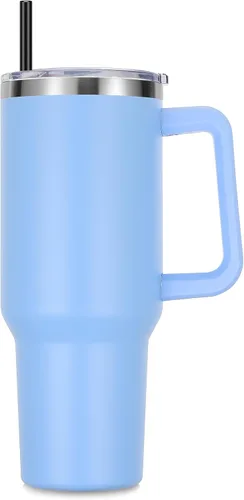 Miniatura 12 de DOMICARE Vaso de 40 oz con asa y pajita, vaso de acero inoxidable con tapa y pajita, reutilizable, aislado al vacío, taza para café de viaje