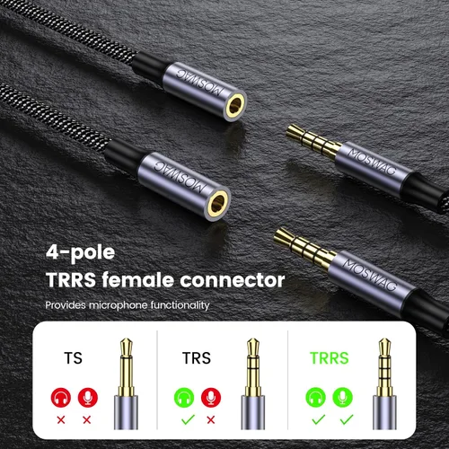 Miniatura 4 de MOSWAG TRRS - Conector auxiliar hembra a hembra de 0.138 in, adaptador de enchufe estéreo de 4 polos, cable de extensión de audio para portátiles