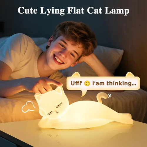 Miniatura 16 de Lámpara plana de gato Mubarek, regalos de gato, lámpara de silicona linda de 16 colores+5 atenuación, lámpara de noche recargable con control