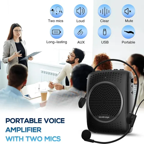 Miniatura 2 de Juego de micrófono y altavoz de voz ultra portátil, mini altavoz con 2 micrófonos, amplificador recargable con micrófono Lavalier/Auriculares