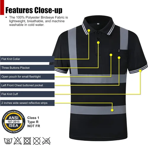 Miniatura 3 de Paquete de 2 polos de seguridad negros con reflejo retro, camisa de manga corta para trabajos de construcción de alta visibilidad, ANSI/ISEA Negro-08