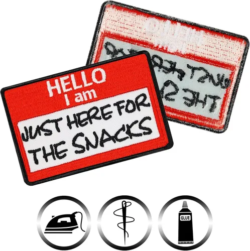 Miniatura 4 de Hello I am .. Parche termoadhesivo "Hello I am just here for snacks" Etiqueta de nombre Parches para todas las telas cita divertida Adhesivo