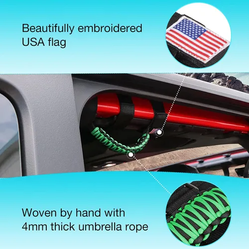 Miniatura 2 de GAIZON Paquete de 2 asas de agarre de barra antivuelco, asas de paracord para Jeep Wrangler CJ YJ TJ JL JK LJ JLU JKU Sahara Freedom Rubicon, Verde