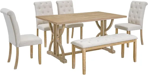 Miniatura 9 de Juego de mesa de comedor de 6 piezas estilo granja, mesa rectangular con soporte y 4 sillas tapizadas y banco, juego de muebles de cocina