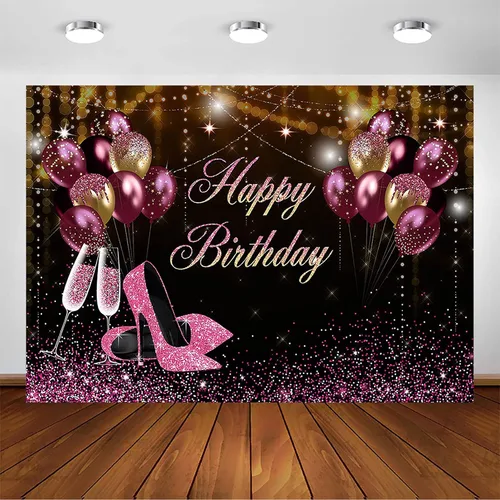 Miniatura 6 de Avezano Telón de fondo de cumpleaños con purpurina rosa y negro para niñas y mujeres, sesión de fotos, pancarta de fiesta de feliz cumpleaños