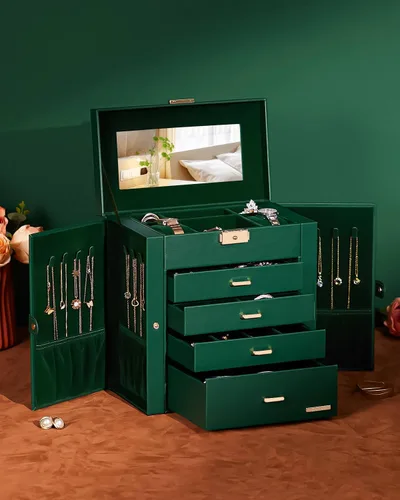 Miniatura 36 de Homde Regalos de Navidad de cuero sintético, enorme joyero, organizador de reloj con espejo, collar, anillo y aretes, estuche de regalo con Dorado