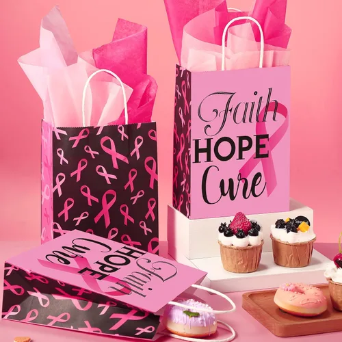 Miniatura 4 de Pajean 24 bolsas de regalo para concientización sobre el cáncer de mama con papel de seda, bolsas de regalo de cinta rosa, bolsas de golosinas