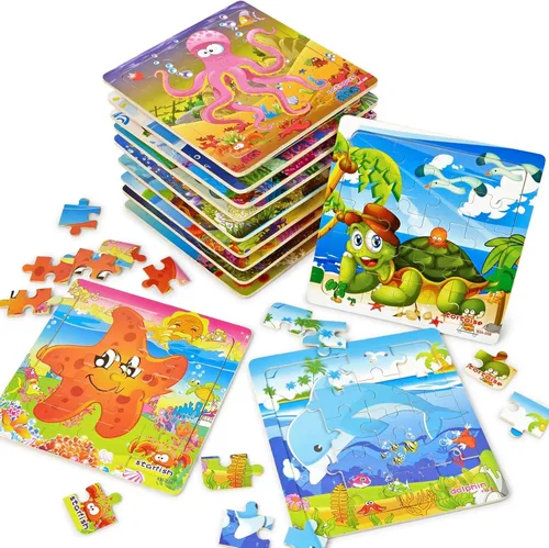 Paquete de 12 rompecabezas de madera fáciles para niños de 4 a 8 años, animales marinos pequeños de verano para niños y niñas, rompecabezas de viaje