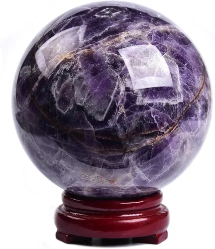 JIC Gem Esfera grande de cristal Chevron de amatista con cristales curativos de curación con soporte de madera para meditación y decoración del
