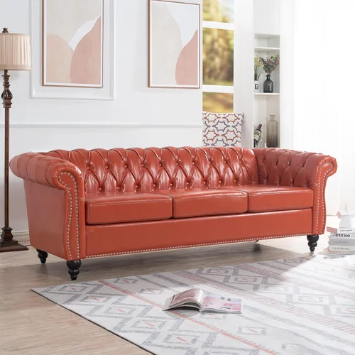 Miniatura 13 de Chesterfield - Sofá tapizado de piel sintética, con respaldo copetudo, sofá clásico de cuero de 3 plazas, brazo enrollado para sala de estar, Marrón