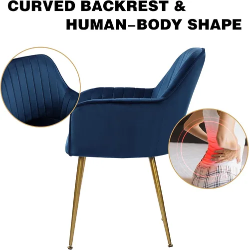 Miniatura 6 de Juego de 2 sillas de comedor de terciopelo, sillas decorativas tapizadas con patas chapadas en oro para sillas de sala de estar (azul)